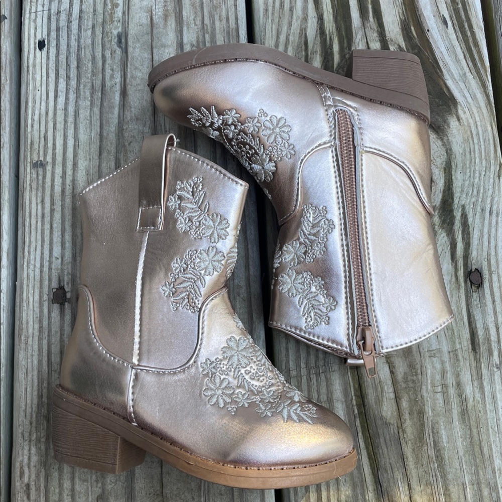 Stepping Stones Girls Pink Metallic Western Cowboy Boots Floral Embroidered SZ 6